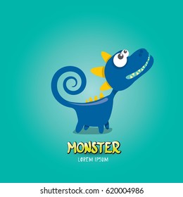 Vector cartoon funny blue dragon. Cartoon cute comic funky monster Dinosaur logo design template.