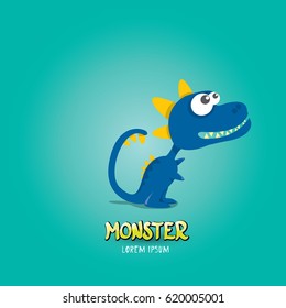 Vector cartoon funny blue dragon. Cartoon cute comic funky monster Dinosaur logo design template.
