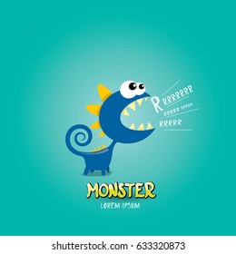 Vector cartoon funny blue dragon. Cartoon cute comic funky monster Dinosaur logo design template.