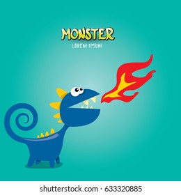 Vector cartoon funny blue dragon. Cartoon cute comic funky monster Dinosaur logo design template.