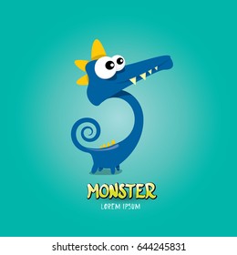 Vector cartoon funny blue dragon. Cartoon cute comic funky monster Dinosaur logo design template.