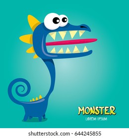 Vector cartoon funny blue dragon. Cartoon cute comic funky monster Dinosaur logo design template.