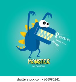 Vector cartoon funny blue dragon. Cartoon cute comic funky monster Dinosaur kids logo design template.