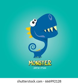Vector cartoon funny blue dragon. Cartoon cute comic funky monster Dinosaur kids logo design template.