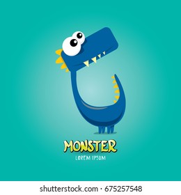 Vector cartoon funny blue dragon. Cartoon cute comic funky monster Dinosaur kids logo design template.