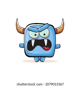 Vector cartoon funny blue monster with horn isolated on white background.  Smiling silly blue monster print sticker design template.  Ghost, troll, gremlin, goblin, devil and monster
