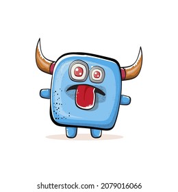 Vector cartoon funny blue monster with horn isolated on white background.  Smiling silly blue monster print sticker design template.  Ghost, troll, gremlin, goblin, devil and monster