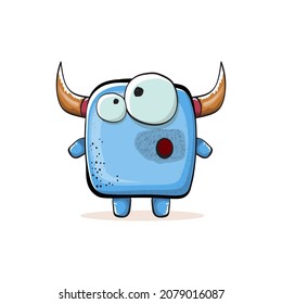 Vector cartoon funny blue monster with horn isolated on white background.  Smiling silly blue monster print sticker design template.  Ghost, troll, gremlin, goblin, devil and monster