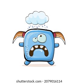 Vector cartoon funny blue monster with horn isolated on white background.  Smiling silly blue monster print sticker design template.  Ghost, troll, gremlin, goblin, devil and monster