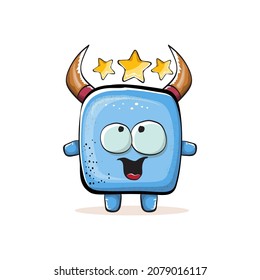 Vector cartoon funny blue monster with horn isolated on white background.  Smiling silly blue monster print sticker design template.  Ghost, troll, gremlin, goblin, devil and monster