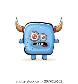 Vector cartoon funny blue monster with horn isolated on white background.  Smiling silly blue monster print sticker design template.  Ghost, troll, gremlin, goblin, devil and monster