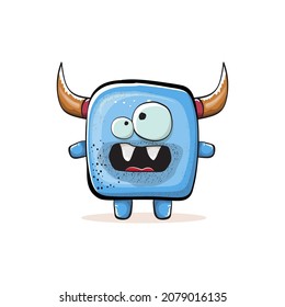 Vector cartoon funny blue monster with horn isolated on white background.  Smiling silly blue monster print sticker design template.  Ghost, troll, gremlin, goblin, devil and monster