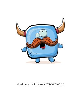 Vector cartoon funny blue monster with horn isolated on white background.  Smiling silly blue monster print sticker design template.  Ghost, troll, gremlin, goblin, devil and monster