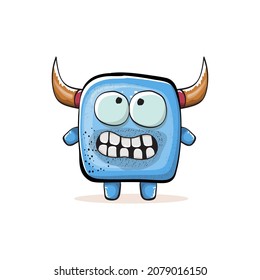 Vektorgrafik lustiges blaues Monster mit Horn einzeln auf weißem Hintergrund.  Lächelnde dumme Monster-Druckaufkleber-Design-Vorlage.  Geist, Troll, Goblin, Teufel, Monster