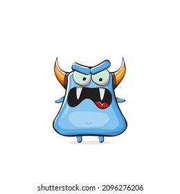 Vector cartoon funny blue monster with horn isolated on white background. Smiling silly pink monster print sticker design template. Ghost, troll, gremlin, goblin, devil and monster