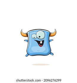 Vector cartoon funny blue monster with horn isolated on white background. Smiling silly pink monster print sticker design template. Ghost, troll, gremlin, goblin, devil and monster