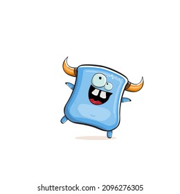Vector cartoon funny blue monster with horn isolated on white background. Smiling silly pink monster print sticker design template. Ghost, troll, gremlin, goblin, devil and monster