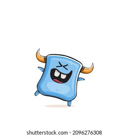 Vector cartoon funny blue monster with horn isolated on white background. Smiling silly pink monster print sticker design template. Ghost, troll, gremlin, goblin, devil and monster