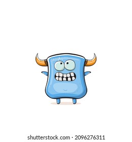 Vector cartoon funny blue monster with horn isolated on white background. Smiling silly pink monster print sticker design template. Ghost, troll, gremlin, goblin, devil and monster
