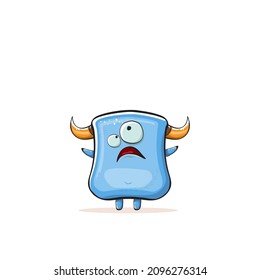 Vector cartoon funny blue monster with horn isolated on white background. Smiling silly pink monster print sticker design template. Ghost, troll, gremlin, goblin, devil and monster