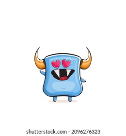 Vector cartoon funny blue monster with horn isolated on white background. Smiling silly pink monster print sticker design template. Ghost, troll, gremlin, goblin, devil and monster
