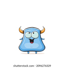 Vector cartoon funny blue monster with horn isolated on white background. Smiling silly pink monster print sticker design template. Ghost, troll, gremlin, goblin, devil and monster