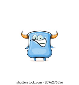 Vector cartoon funny blue monster with horn isolated on white background. Smiling silly pink monster print sticker design template. Ghost, troll, gremlin, goblin, devil and monster