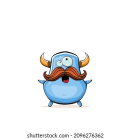 Vector cartoon funny blue monster with horn isolated on white background. Smiling silly pink monster print sticker design template. Ghost, troll, gremlin, goblin, devil and monster