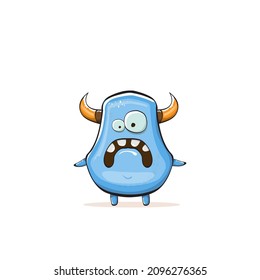 Vector cartoon funny blue monster with horn isolated on white background. Smiling silly pink monster print sticker design template. Ghost, troll, gremlin, goblin, devil and monster