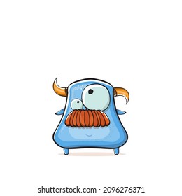 Vector cartoon funny blue monster with horn isolated on white background. Smiling silly pink monster print sticker design template. Ghost, troll, gremlin, goblin, devil and monster