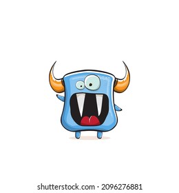 Vector cartoon funny blue monster with horn isolated on white background. Smiling silly pink monster print sticker design template. Ghost, troll, gremlin, goblin, devil and monster