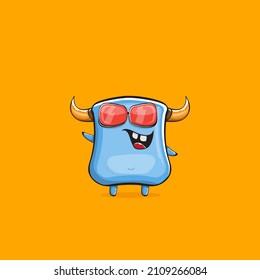 Vector cartoon funny blue monster with horn and sunglasses isolated on orange background. Smiling silly blue monster print sticker design template. Ghost, troll, gremlin, goblin, devil and monster