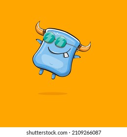 Vector cartoon funny blue monster with horn and sunglasses isolated on orange background. Smiling silly blue monster print sticker design template. Ghost, troll, gremlin, goblin, devil and monster