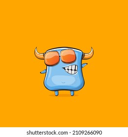 Vector cartoon funny blue monster with horn and sunglasses isolated on orange background. Smiling silly blue monster print sticker design template. Ghost, troll, gremlin, goblin, devil and monster