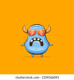 Vector cartoon funny blue monster with horn and sunglasses isolated on orange background. Smiling silly blue monster print sticker design template. Ghost, troll, gremlin, goblin, devil and monster