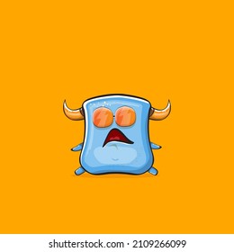 Vector cartoon funny blue monster with horn and sunglasses isolated on orange background. Smiling silly blue monster print sticker design template. Ghost, troll, gremlin, goblin, devil and monster