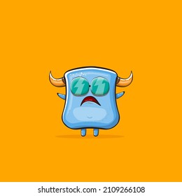 Vector cartoon funny blue monster with horn and sunglasses isolated on orange background. Smiling silly blue monster print sticker design template. Ghost, troll, gremlin, goblin, devil and monster