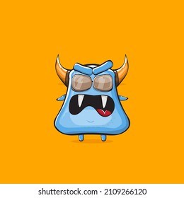 Vector cartoon funny blue monster with horn and sunglasses isolated on orange background. Smiling silly blue monster print sticker design template. Ghost, troll, gremlin, goblin, devil and monster