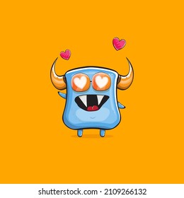 Vector cartoon funny blue monster with horn and sunglasses isolated on orange background. Smiling silly blue monster print sticker design template. Ghost, troll, gremlin, goblin, devil and monster