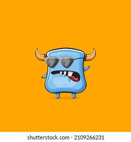 Vector cartoon funny blue monster with horn and sunglasses isolated on orange background. Smiling silly blue monster print sticker design template. Ghost, troll, gremlin, goblin, devil and monster