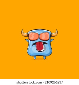 Vector cartoon funny blue monster with horn and sunglasses isolated on orange background. Smiling silly blue monster print sticker design template. Ghost, troll, gremlin, goblin, devil and monster