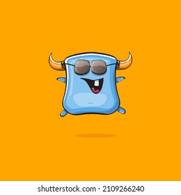 Vector cartoon funny blue monster with horn and sunglasses isolated on orange background. Smiling silly blue monster print sticker design template. Ghost, troll, gremlin, goblin, devil and monster