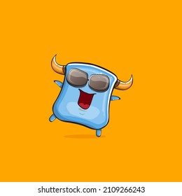 Vector cartoon funny blue monster with horn and sunglasses isolated on orange background. Smiling silly blue monster print sticker design template. Ghost, troll, gremlin, goblin, devil and monster