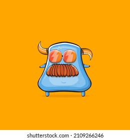 Vector cartoon funny blue monster with horn and sunglasses isolated on orange background. Smiling silly blue monster print sticker design template. Ghost, troll, gremlin, goblin, devil and monster
