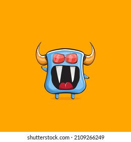 Vector cartoon funny blue monster with horn and sunglasses isolated on orange background. Smiling silly blue monster print sticker design template. Ghost, troll, gremlin, goblin, devil and monster