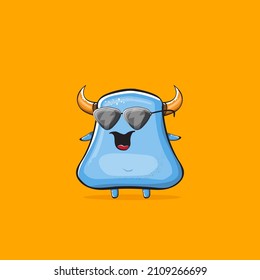 Vector cartoon funny blue monster with horn and sunglasses isolated on orange background. Smiling silly blue monster print sticker design template. Ghost, troll, gremlin, goblin, devil and monster