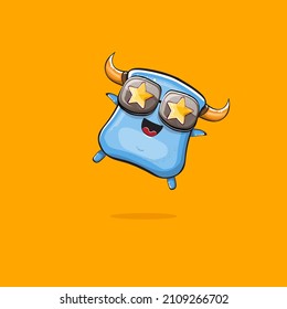 Vector cartoon funny blue monster with horn and sunglasses isolated on orange background. Smiling silly blue monster print sticker design template. Ghost, troll, gremlin, goblin, devil and monster