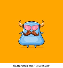 Vector cartoon funny blue monster with horn and sunglasses isolated on orange background. Smiling silly blue monster print sticker design template. Ghost, troll, gremlin, goblin, devil and monster
