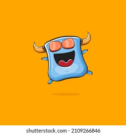 Vector cartoon funny blue monster with horn and sunglasses isolated on orange background. Smiling silly blue monster print sticker design template. Ghost, troll, gremlin, goblin, devil and monster