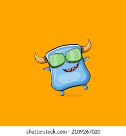 Vector cartoon funny blue monster with horn and sunglasses isolated on orange background. Smiling silly blue monster print sticker design template. Ghost, troll, gremlin, goblin, devil and monster